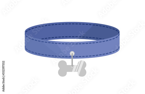 Blue dog collar with silver token in form of bone. Pet collar. Cartoon, flat, vector