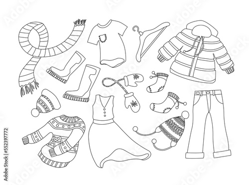 Black outline of different clothing vector illustrations set. Collection of doodles of male and female clothes for summer and winter isolated on white background. Fashion, charity, seasons concept
