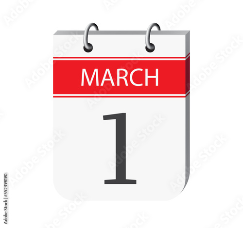 1 march calendar page vector. 3d one day calendar date appointment, event reminder illustration. Abstract three dimensional daily date calendar.
