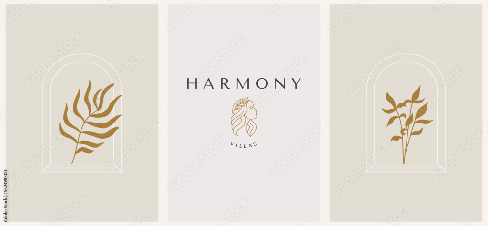 linear set template logo symbols with female and tropical leaf on a nude background