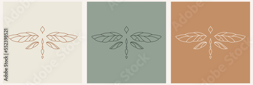 linear template logo symbols with luxury dragonfly on a nude background