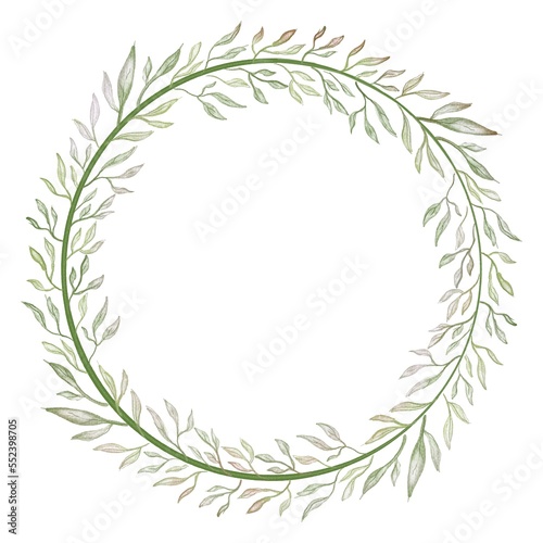 Boho style template for a wedding  invitation  greeting on a white background with copy space. delicate round frame made of twigs and leaves