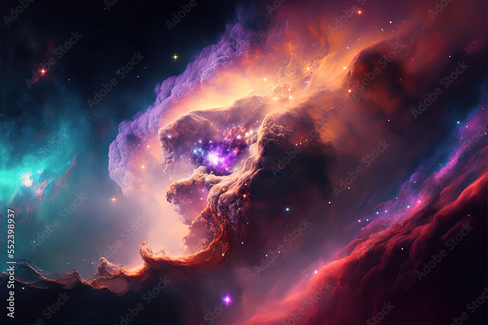 Nebula. Fantasy space illustration. Light in the cosmos. Glowing colors in the black night of space. Concept of infinity. Astrology energy. Interstellar. Cosmic art. Glowing sky. Generative AI.