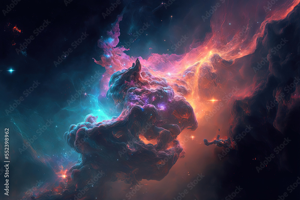 Nebula. Fantasy space illustration. Light in the cosmos. Glowing colors in the black night of space. Concept of infinity. Astrology energy. Interstellar. Cosmic art. Glowing sky. Generative AI. Nebula. Fantasy space illustration. Light in the cosmos. Glowing colors in the black night of space. Concept of infinity. Astrology energy. Interstellar. Cosmic art. Glowing sky. Generative AI.