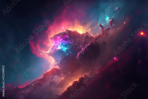 Nebula. Fantasy space illustration. Light in the cosmos. Glowing colors in the black night of space. Concept of infinity. Astrology energy. Interstellar. Cosmic art. Glowing sky. Generative AI. © Fortis Design