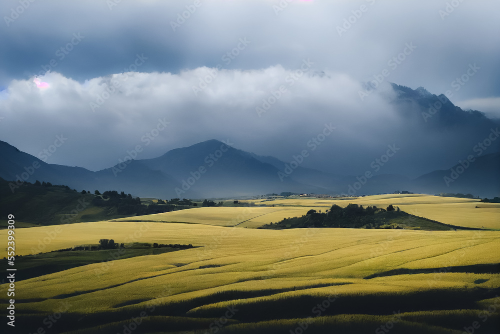 Obraz premium Golden barley farm field overlooks the mountain scenery, the mountainside is shrouded in mist and the sun is shining. Can be used for food, agriculture, crop issues, generate ai.