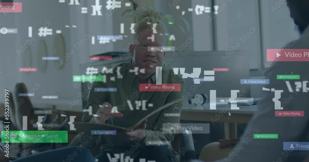 Animation of data processing and social media texts over diverse business people Animation of data processing and social media texts over diverse business people