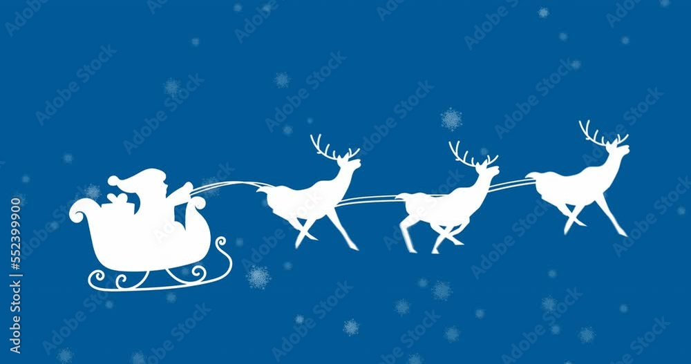 Animation of snowflakes falling over santa claus in sleigh being pulled by reindeers Animation of snowflakes falling over santa claus in sleigh being pulled by reindeers