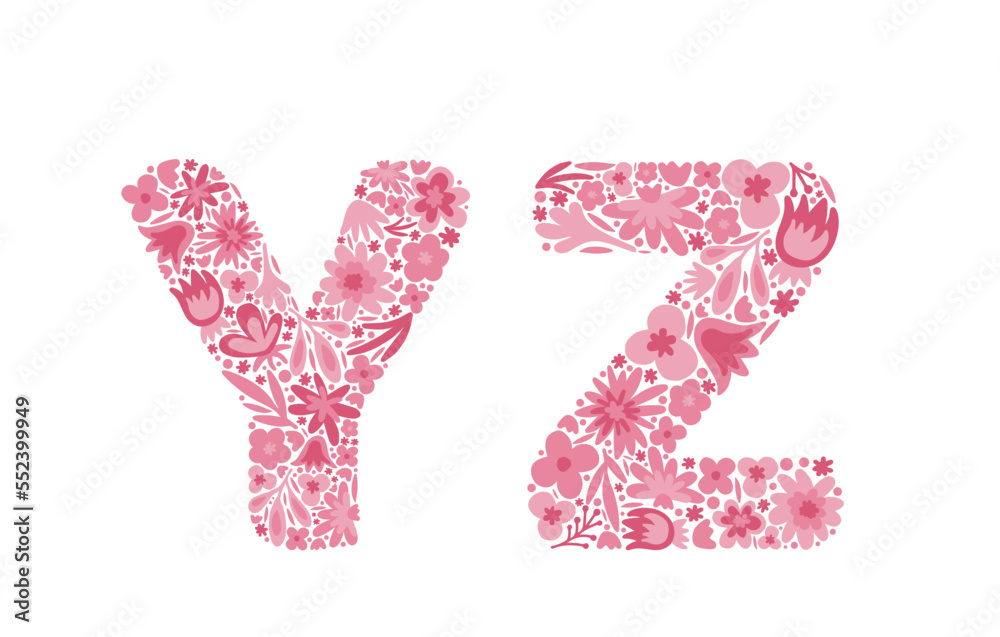 Floral letters Y, Z. Font of pink flowers. Alphabet. Doodle. Vector