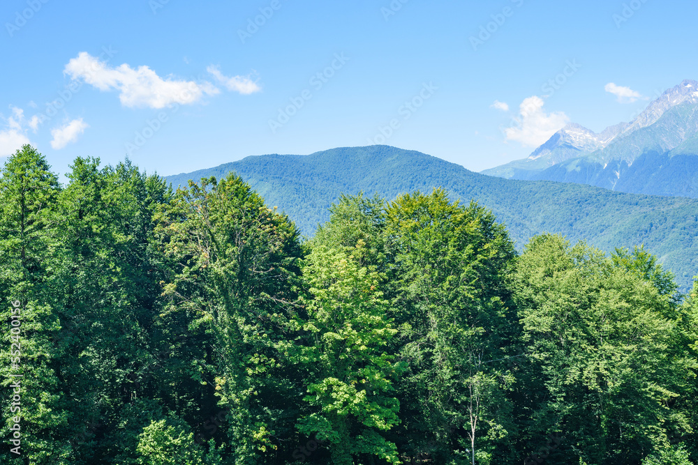 Mountain landscape with pathway to snowy top for tourists against blue sky. Bright sunlight illuminates green hills with snow in canyon Mountain landscape with pathway to snowy top for tourists against blue sky. Bright sunlight illuminates green hills with snow in canyon