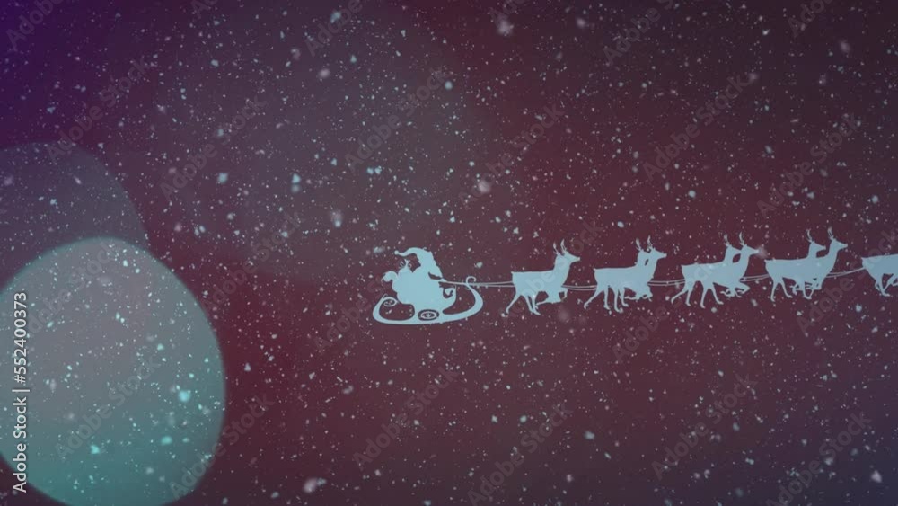 The animation is of a white silhouette of santa claus in a sleigh being pulled by reindeers with sno