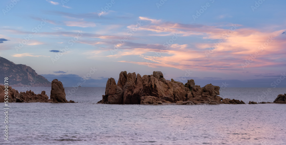 Rocky Coast on the Mediterranean Sea. Punta Don Diego, Sardinia, Italy. Dramatic Sunrise Sky Art Render. Nature Background