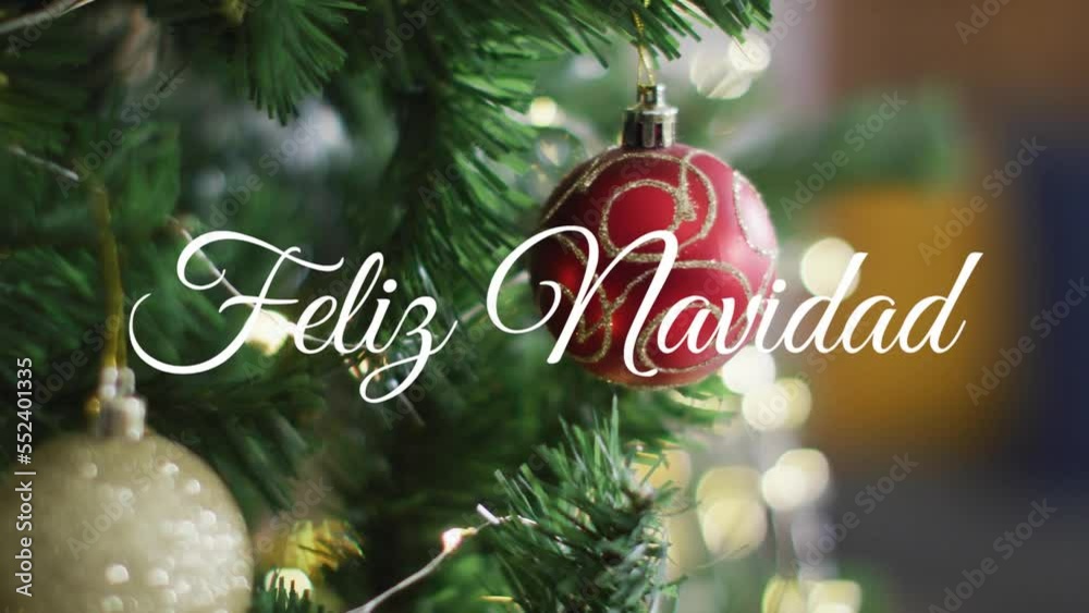 Animation of feliz navidad christmas greetings text over christmas tree