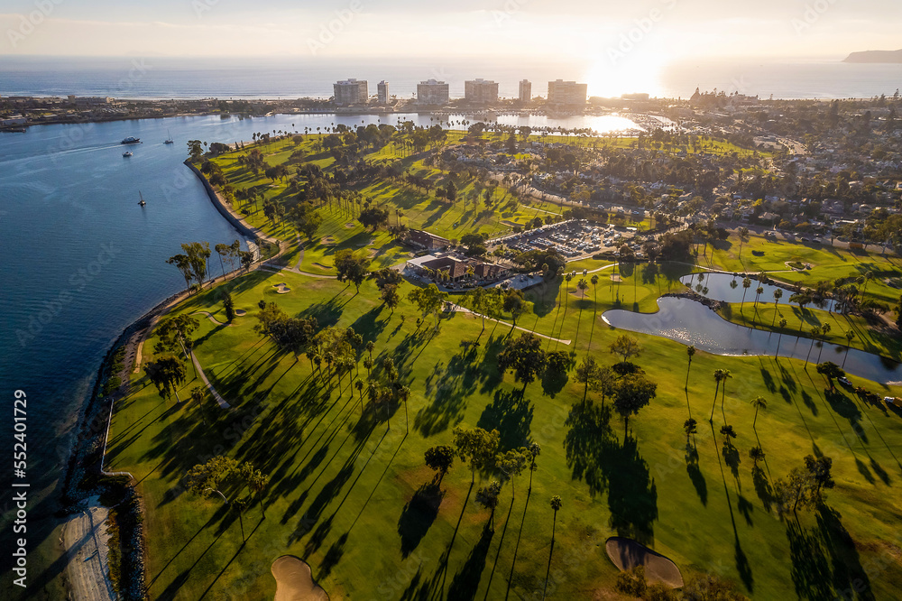 Aerial of Coronado Golf course during sunset