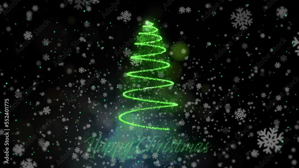Animation of snow falling over christmas tree with happy christmas text on black backrgound Animation of snow falling over christmas tree with happy christmas text on black backrgound