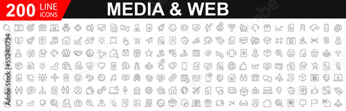 Big Set of 200 Media and Web icons. Icons business marketing e-commerce media contact icon. Set contact icons, communication sign with social media logos. Vector illustration.