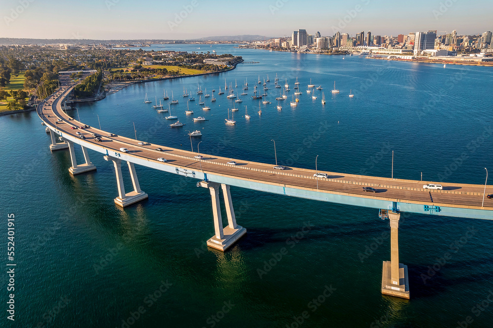 Aerial view of Coronado Bridge in San Diego bay in southern California