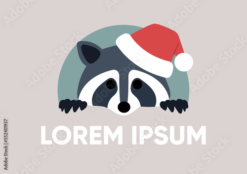 A raccoon logo in a Santa Claus red hat with a text place holder, a label template, Winter holidays