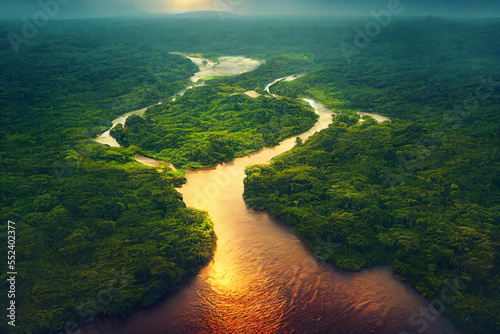 amazonas rainforest, tropical river landscape, beautiful nature, fictional landscape created with generative ai photo