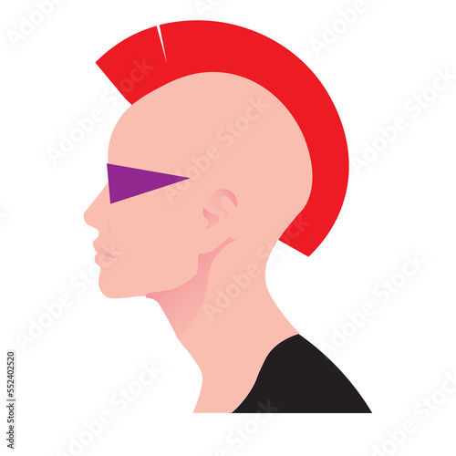 head profile of a retro sci fi movie rebel girl, punk woman with mohawk hairdo and purple glasses, minimalist vector illustration