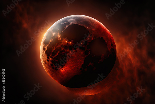 Lunar eclipse. Red moon in space. Planet mars. Fantasy astronomy. Sphere in orbit in the black of space. Celestial alien planet. End of time. Armageddon. The upcoming of doom. Generative AI