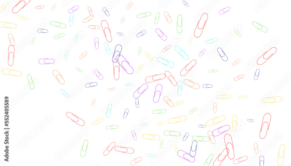 Paper clips are scattered on a white background. Decorative element. Background for design, school and office supplies Paper clips are scattered on a white background. Decorative element. Background for design, school and office supplies
