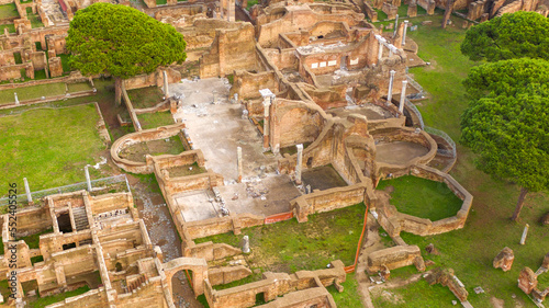 Aerial view on the Calidarium of Terme del Foro. These ruins were the thermal baths of the forum in Ostia Antica. The archaeological area is located in Rome, Italy. photo