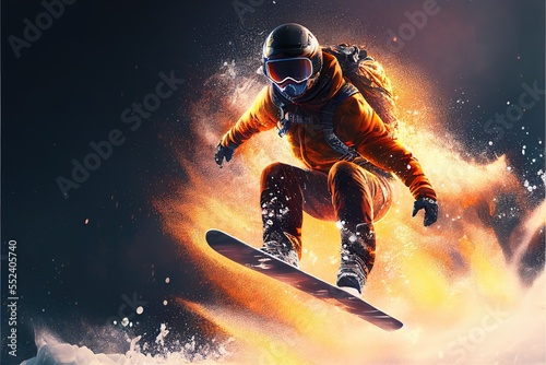 Snowboarding, jumping snowboarder in snowy mountains background generative ai illustration. Man with snowboard flat style. Winter sport concept