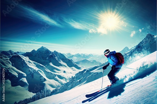 Skiing in the mountains. Generative aiillustration in trendy flat style with skier in red sports suit, skiing downhill on the snow mountains landscape background.