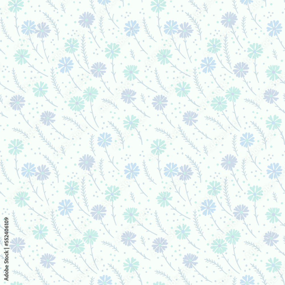 Vector seamless pattern with wildflowers and herbs. These are elegant lines of plant silhouettes. Pastel tones are turquoise and purple tones. Fashion pattern. Vector seamless pattern with wildflowers and herbs. These are elegant lines of plant silhouettes. Pastel tones are turquoise and purple tones. Fashion pattern.