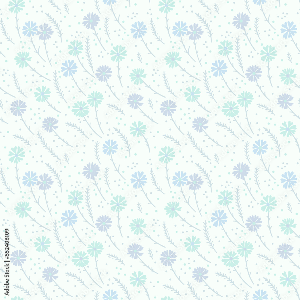 Vector seamless pattern with wildflowers and herbs. These are elegant lines of plant silhouettes. Pastel tones are turquoise and purple tones. Fashion pattern.