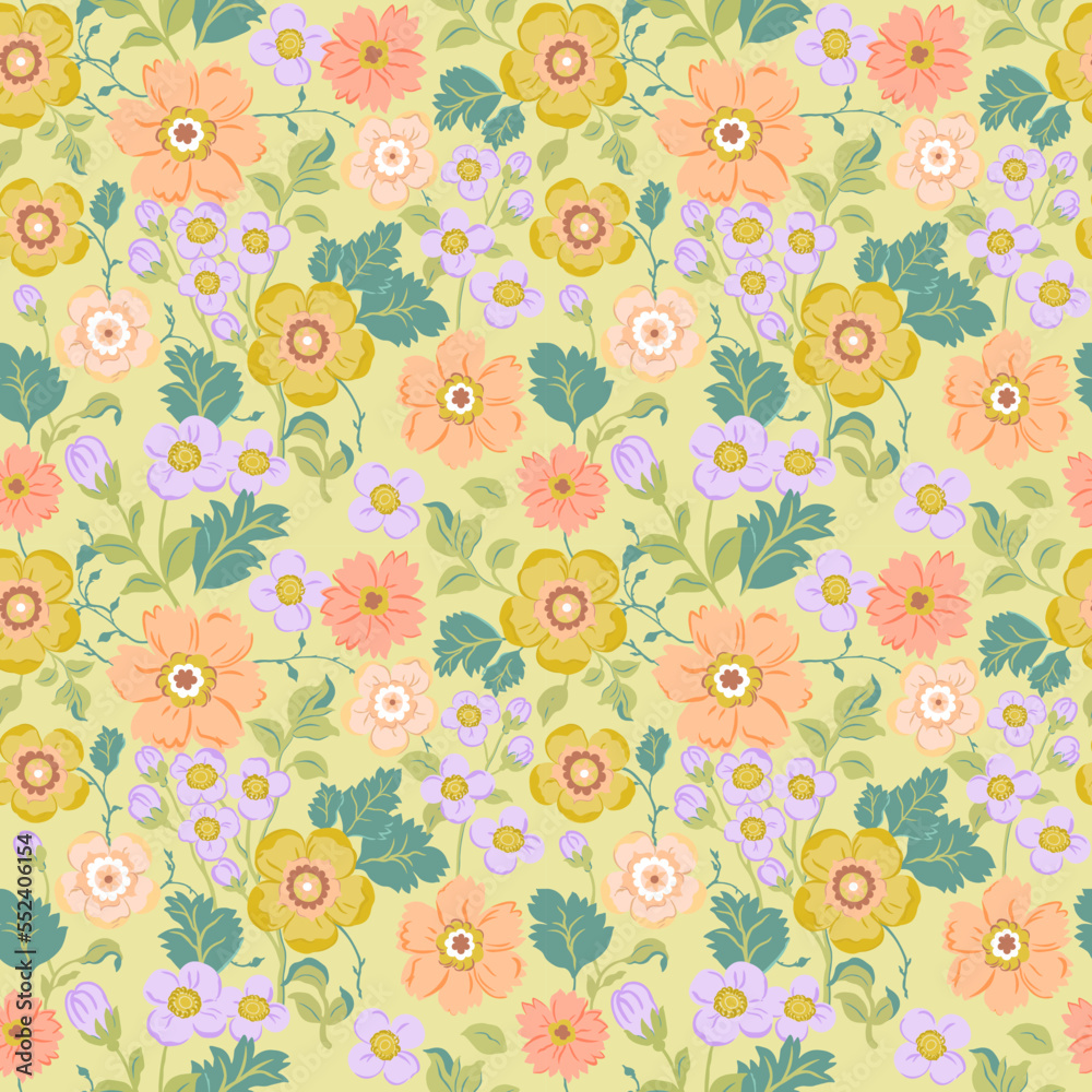 Seamless pattern with delicate pink, yellow and purple flowers on a light green background. Romantic floral print, botanical composition with large flower buds, leaves, branches.