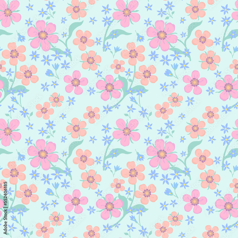 A pattern with pink, scarlet and small blue flowers with green stems on a turquoise background.