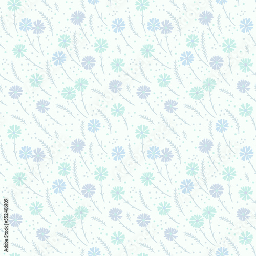 Vector seamless pattern with wildflowers and herbs. These are elegant lines of plant silhouettes. Pastel tones are turquoise and purple tones. Fashion pattern.