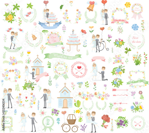 Set of wedding or valentine's day graphic set- wreath, flowers, arrows, hearts, laurel, ribbons and labels, hand drawing vector illustration