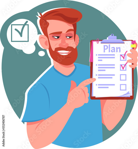 man makes goals or a checklist in a notebook. The concept of goal setting, planning, and a to-do list. Stock vector illustration
