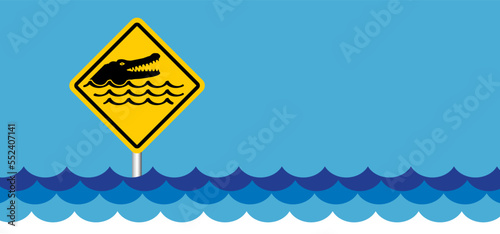 Stop, beware of crocodile or caiman sigboard. Cartoon crocodilian or carnivore reptile warning sign for beach, river people in the water or ocean zone. Stickman swimming. Alligator, no swim area