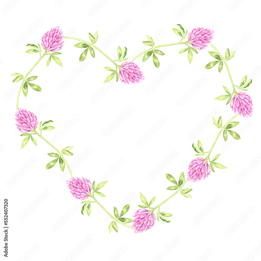 A wreath in the shape of a heart of blooming clover. St.Patrick 's Day. Watercolor illustration. Isolated on a white background. For design goods for a garden, stickers, organic products, stickers A wreath in the shape of a heart of blooming clover. St.Patrick 's Day. Watercolor illustration. Isolated on a white background. For design goods for a garden, stickers, organic products, stickers