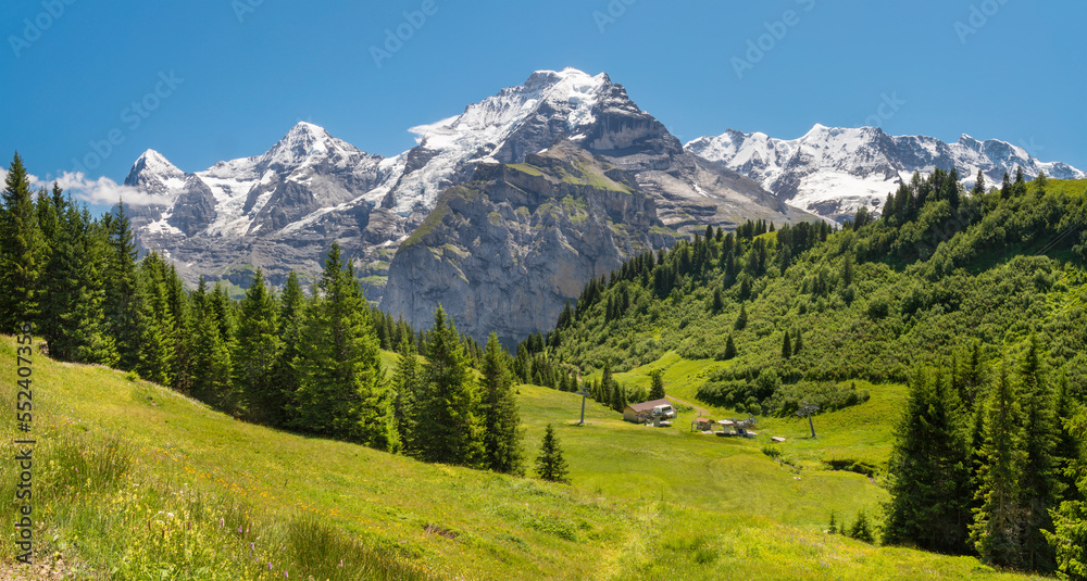 The panorama of Hineres Lauterbrunnental valley with the peaks  Eiger, Monch, Jungfrau, Gletscherhorn, Ebenfluh, Mittaghorn and Grosshorn.