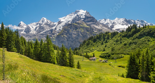 The panorama of Hineres Lauterbrunnental valley with the peaks Eiger, Monch, Jungfrau, Gletscherhorn, Ebenfluh, Mittaghorn and Grosshorn.