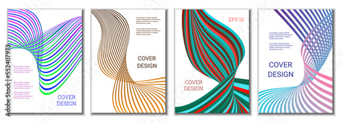 A set of 4 abstract covers. Wavy parallel gradient lines, ribbons evolve. Cover design, background. Trendy banner, poster.