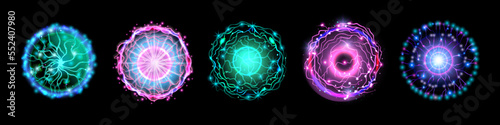 Energy ball vector set, thunder power effect game fire magic orb, crystal electric sphere kit. Fantasy neon star explosion, science futuristic current wave, glow lightning. Round energy ball clipart