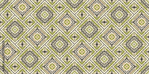 Forest green decorative damask seamless border. Geometric kaleidoscope linen for wallpaper washi tape. Printed fabric of optic trendy vintage design. 