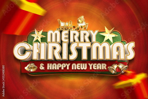 3D Render Merry Christmas label with bell and red ribbon isolated on background. 3d render illustration.