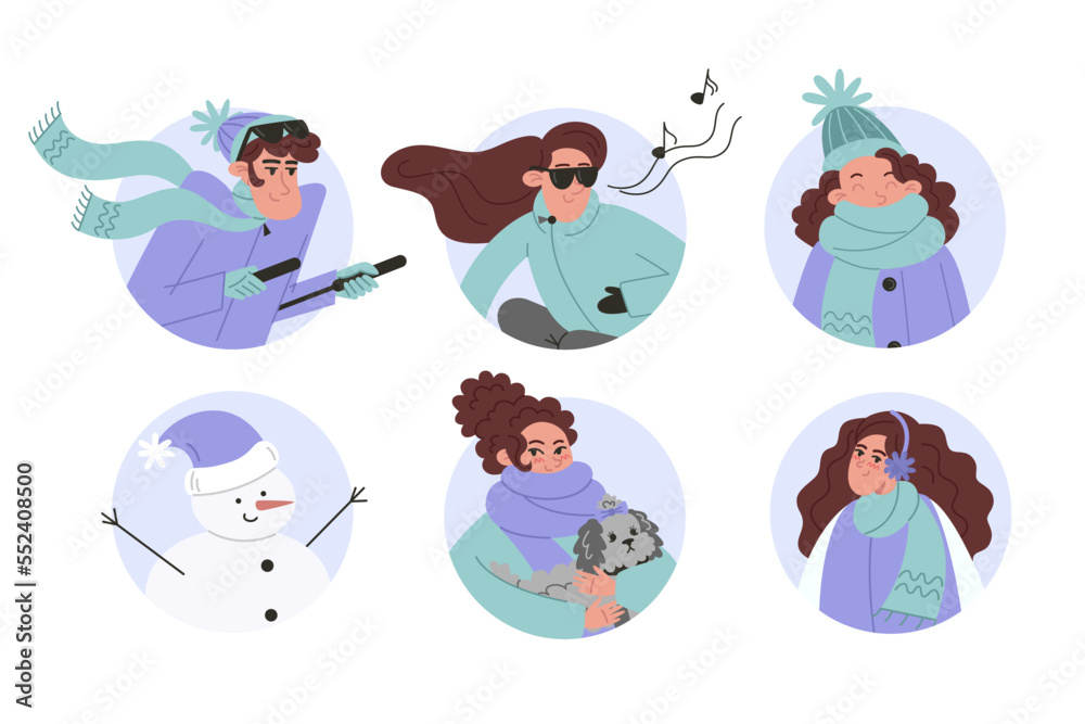 Set of people portraits in winter clothes and snowman, avatar in flat style Set of people portraits in winter clothes and snowman, avatar in flat style