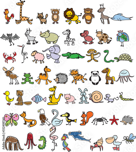Fototapeta Naklejka Na Ścianę i Meble -  Children's drawings of cute doodle animals illustrations