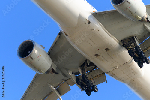 A close-up view of the plane. View of aircraft landing.