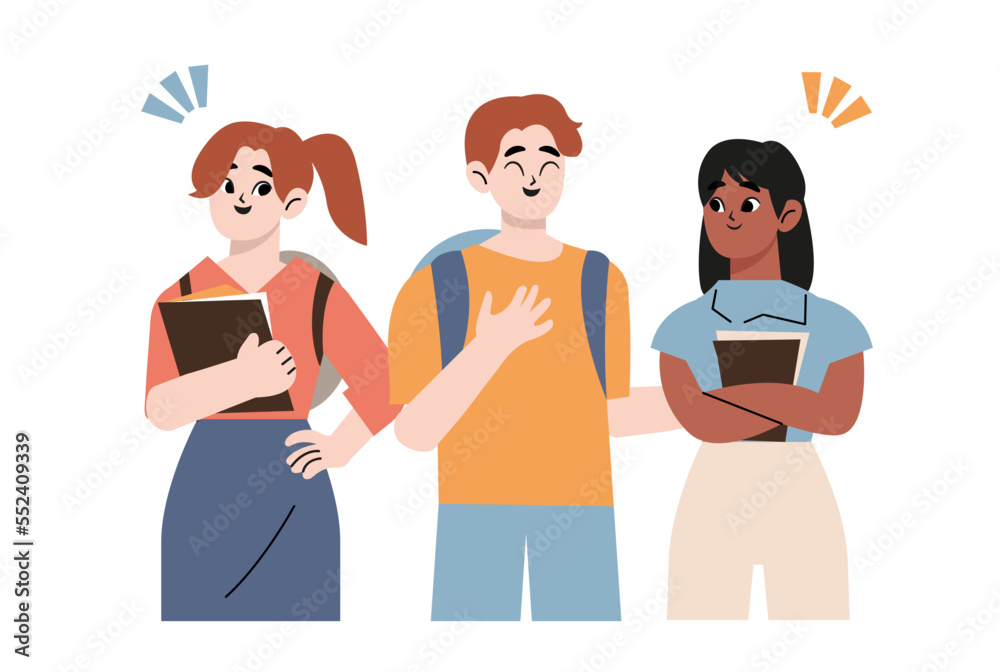 Group of diverse modern students or classmates standing together. Portrait of happy young people. Colored flat cartoon vector illustration of smiling teenagers Group of diverse modern students or classmates standing together. Portrait of happy young people. Colored flat cartoon vector illustration of smiling teenagers