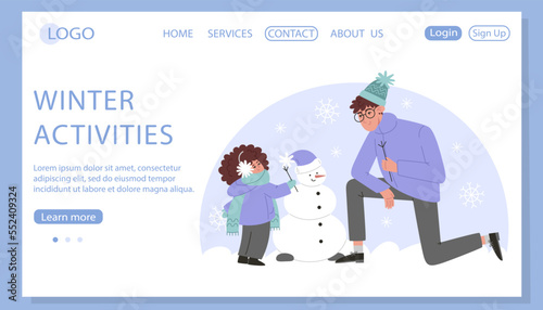 Father and daughter making a snowman in a flat style, web page template