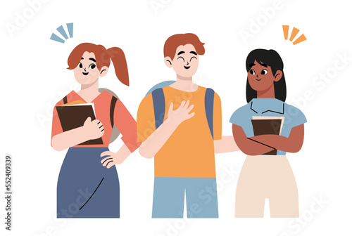 Group of diverse modern students or classmates standing together. Portrait of happy young people. Colored flat cartoon vector illustration of smiling teenagers